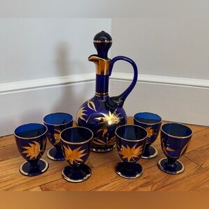 Midcentury Bohemia Crystal Cobalt Blue Glass Decanter Set RARE